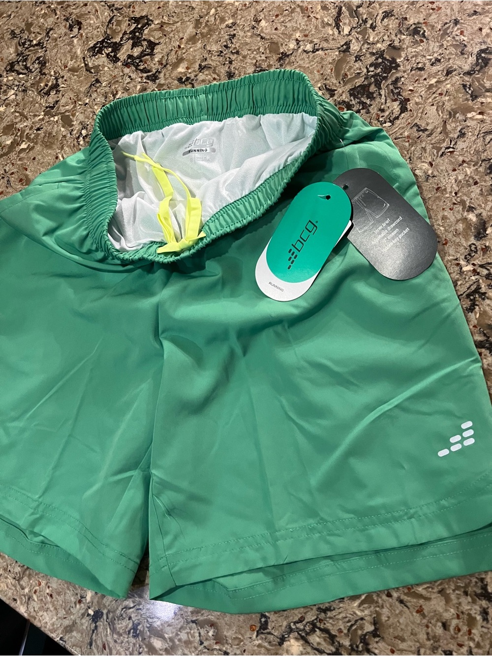 Men’s Green Athletic Swim Shorts with Neon Drawcord